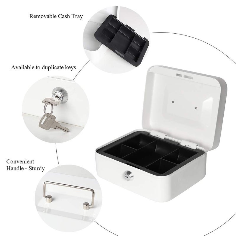Jssmst Small Cash Box with Key Lock - Durable Metal Cash Box with Money Tray White, CB0105M - Image 5